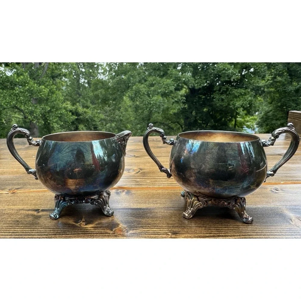 Vintage Oneida Silverplate Creamer Sugar Bowl Set Footed Ornate Handles